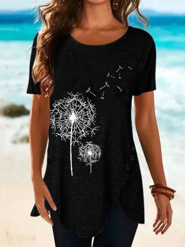 Women's Crew Neck Printed Short Sleeve Cotton-Blend Shirts & Tops - CHALIER