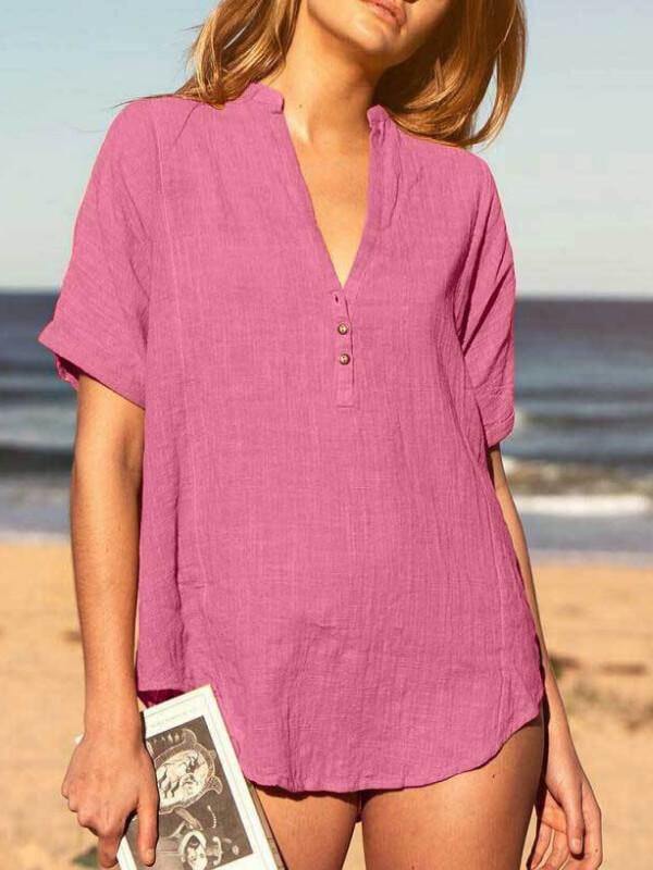 Ladies Plus Size Casual V Neck Short Sleeve Solid Top - CHALIER