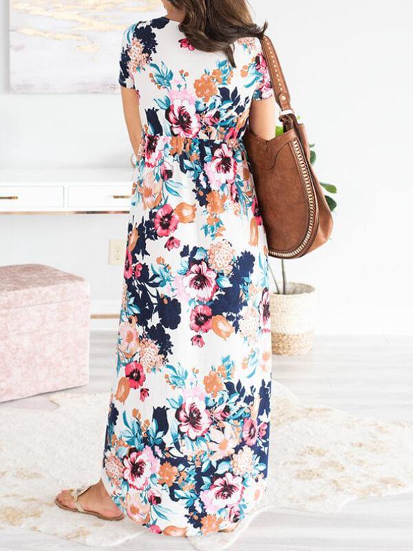 Ladies Short Sleeve Floral Printed Maxi Dress - CHALIER