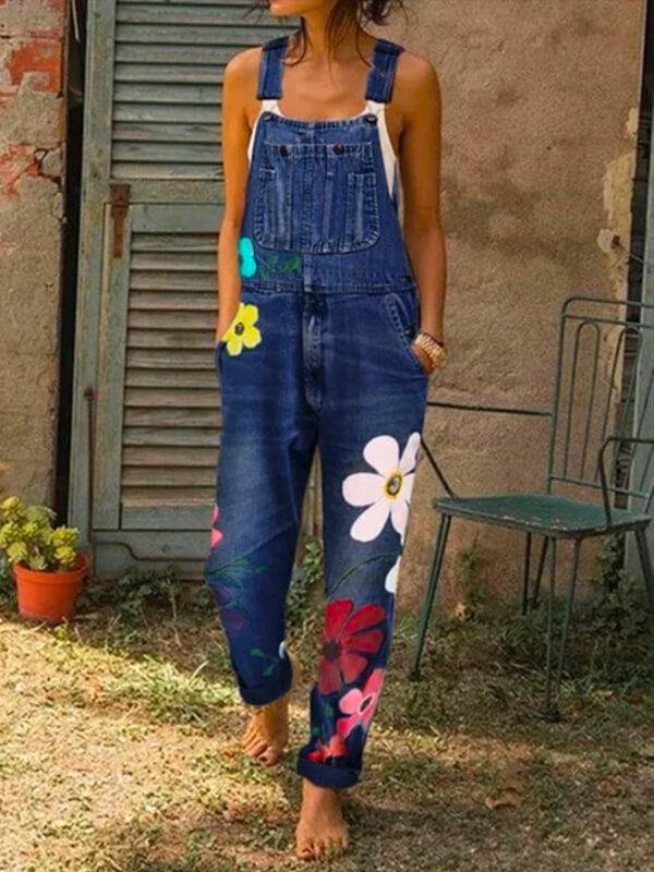 Women Sleeveless Pocket Floral-Print Denim Casual Jumpsuits - CHALIER