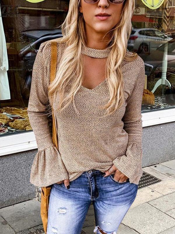 Womens Printed Bell Sleeve V Neck T-Shirt&Top - CHALIER