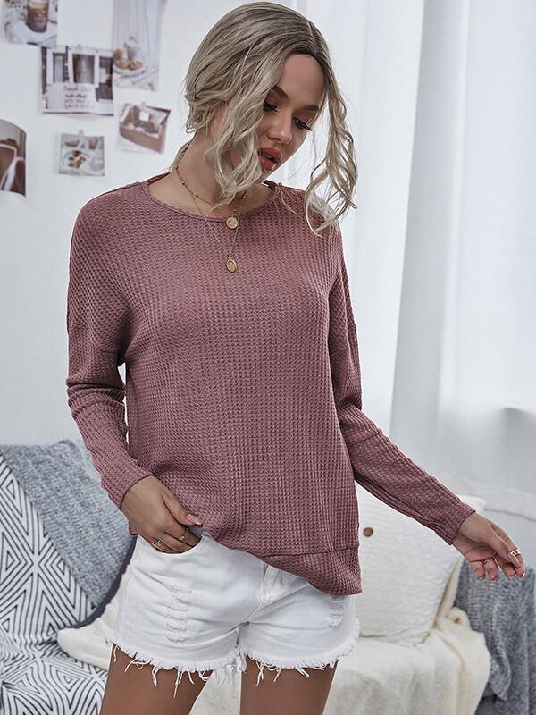 Women Round Neck Loose Backless Solid Long Sleeve Top&Sweatshirt - CHALIER