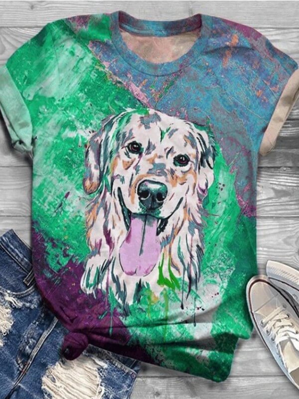Women Dog Printed Crew Neck Short Sleeve T-Shirt