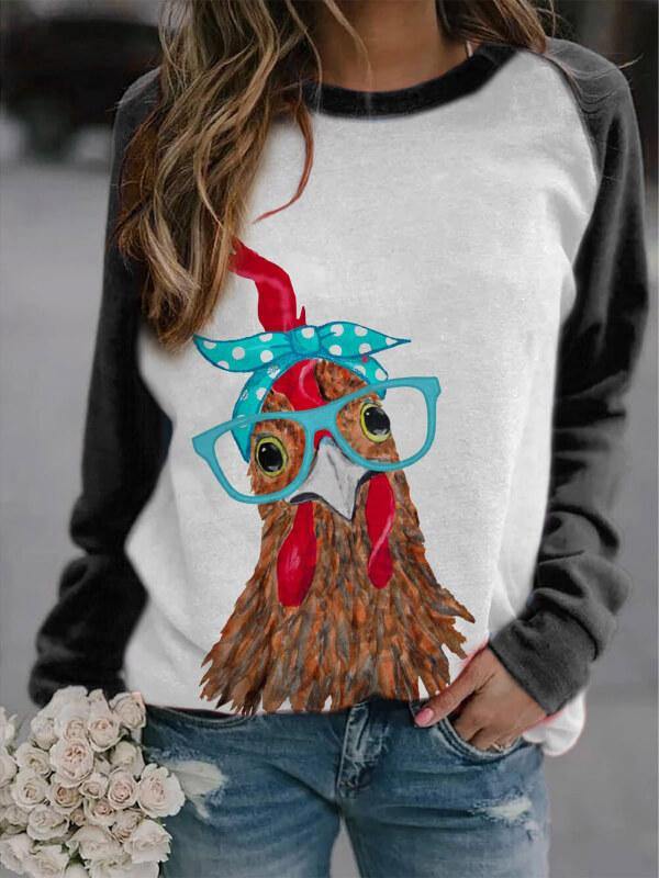 Women's Chicken with Bandana Printed Color Block Sweatshirt - CHALIER
