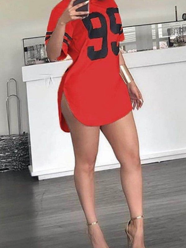 Women Number Printed Short Sleeve Split T-shirt