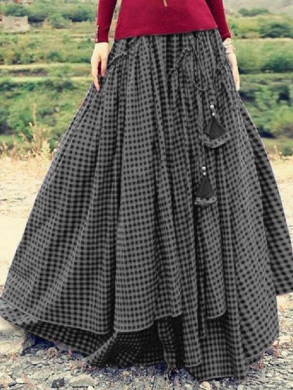 Chailer Casual Skirt Horizontal Stripes Slimming Gingham Skirts - CHALIER