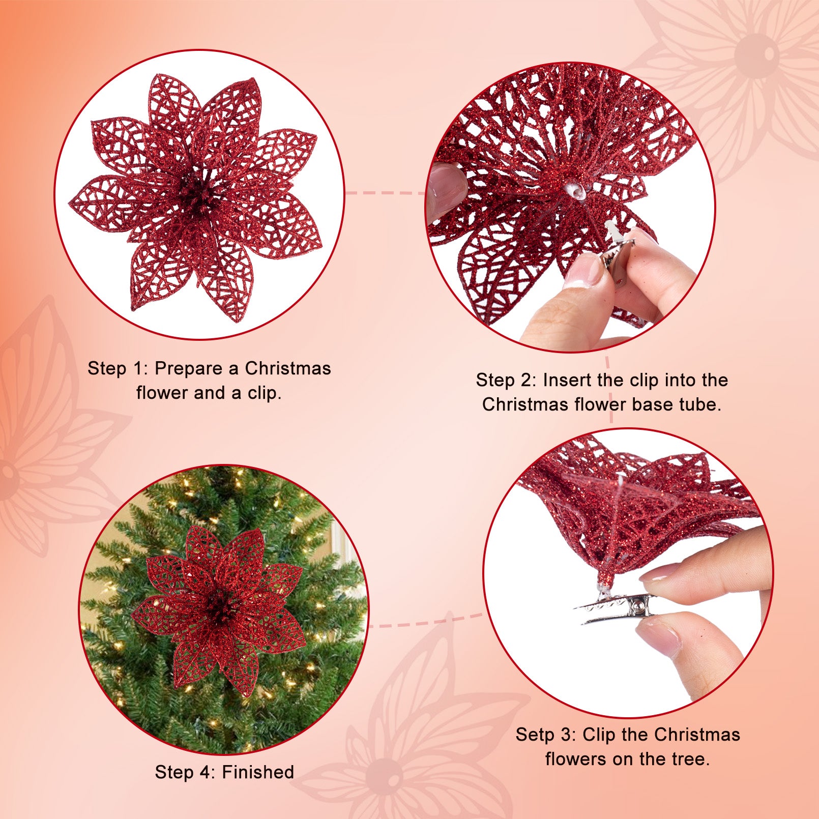 24 Pieces Christmas Glitter Artificial Poinsettia Flowers Decorations 4 Christmas Tree Flowers Ornaments with Clips