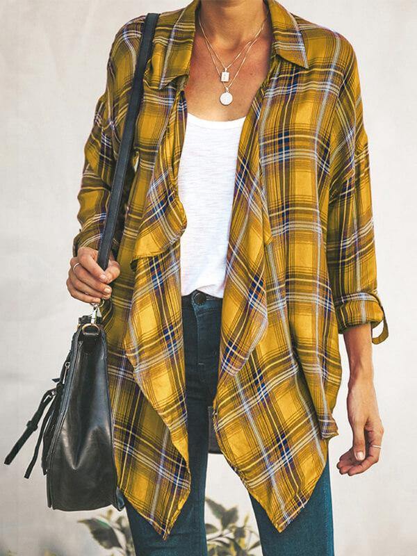 Women Cotton-Blend Plaid Long Sleeve Top - CHALIER