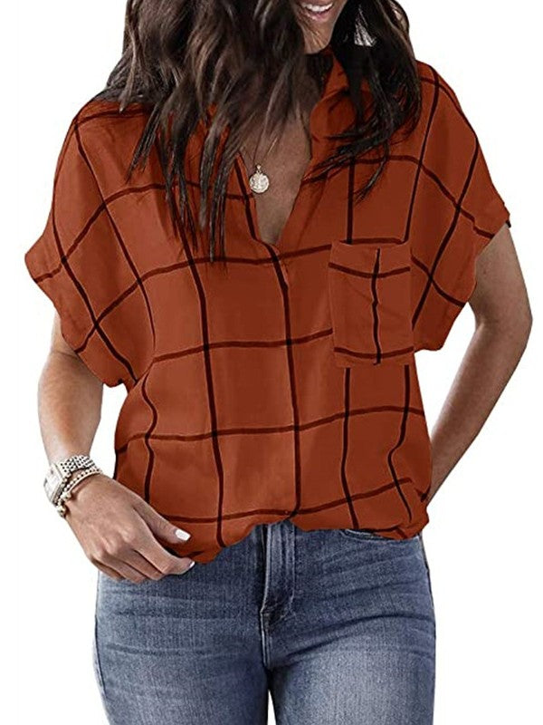 Women Plaid Printed V Neck Short Sleeve Blouse
