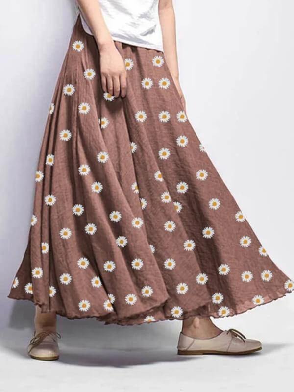 Chalier Natural Daisy Floral Print Chrysanthemum Skirt - CHALIER