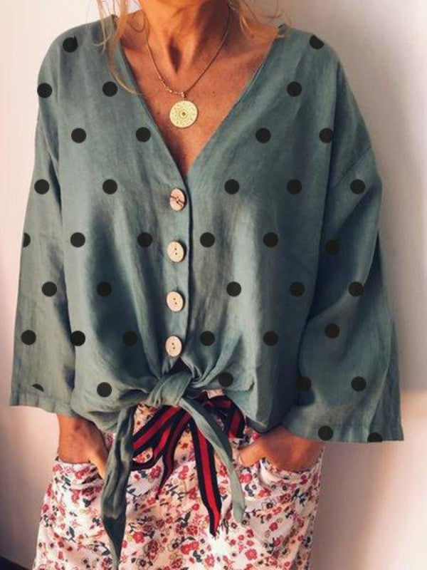 Women Polka Dot Printed V Neck Casual Blouse