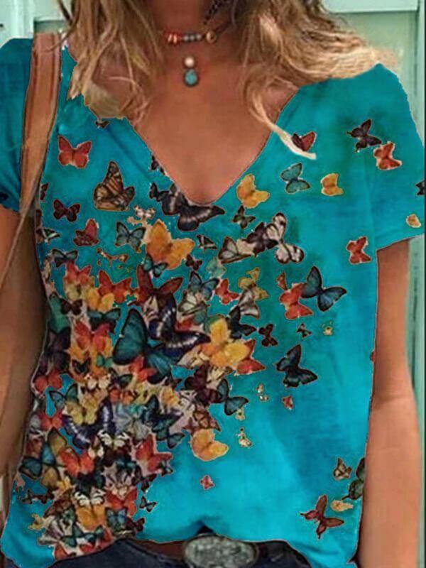 Women Butterfly Printed Short Sleeve V Neck Shirts & Tops - CHALIER