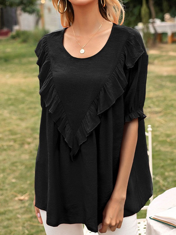 Women Ruffle Crew Neck Short Sleeve T-Shirt