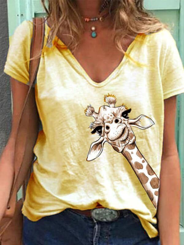 Women Cotton V Neck Giraffe Print Shirt Tee - CHALIER