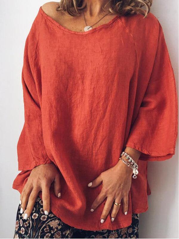 Women's Solid Oversaize Cotton And Linen Casual T-Shirt - CHALIER