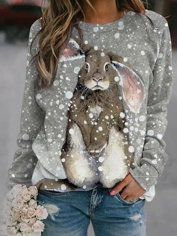 Women's Rabbit Print Crew Neck Sweatshirt In The Snow - CHALIER