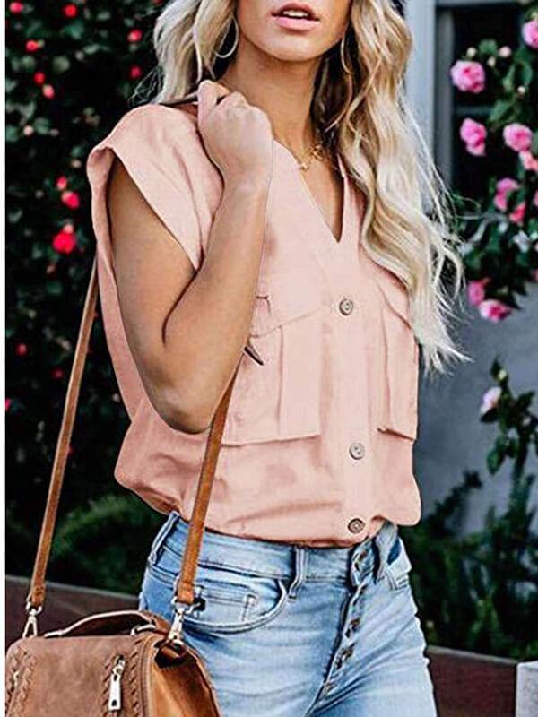 Women Solid Stand Collar Short Sleeve Blouse - CHALIER
