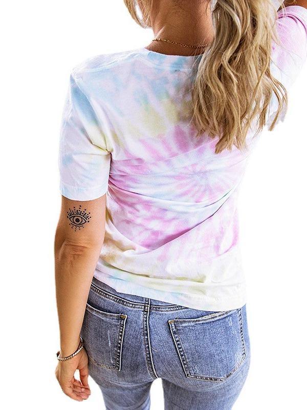 Women Cartoon Printed Tie Dye Short Sleeve T-Shirt - CHALIER