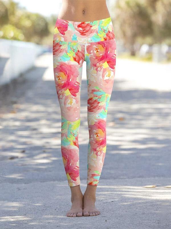 Women Floral Printed Details Leggings Yoga Pants - CHALIER