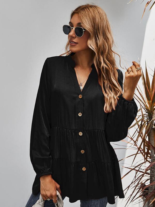 Ladies V Neck Long Sleeve Solide Causal Blouse - CHALIER