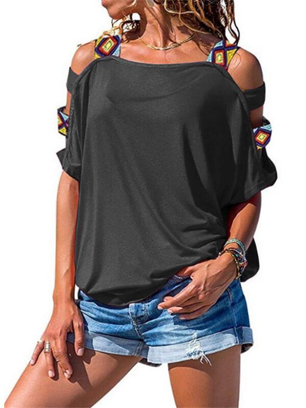 Ladies Geometric Cold Shoulder Casual Short Sleeve Tee - CHALIER
