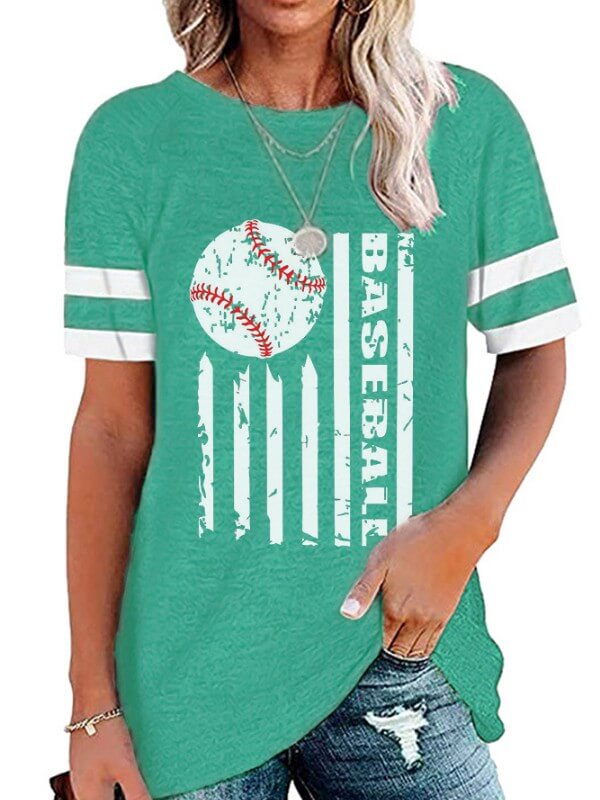 Women Striped Baseball Printed Short Sleeve T-Shirt