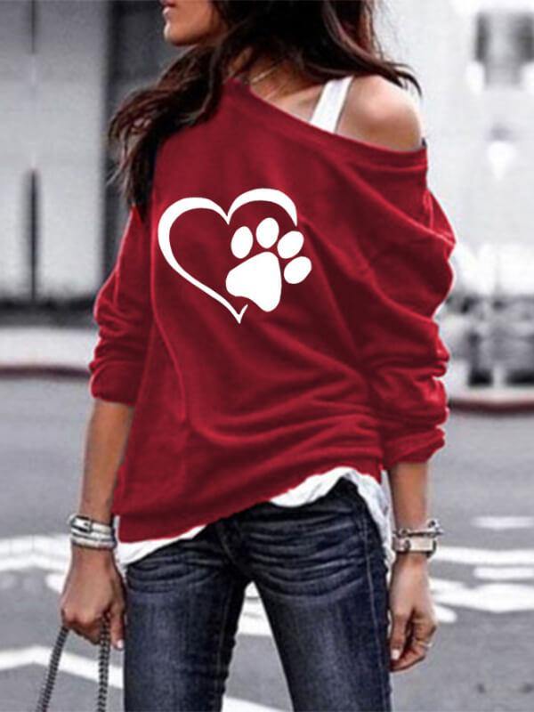 Women's T-shirts Dog Paw Sweatshirts Casual One-shoulder Solid Round Neck - CHALIER