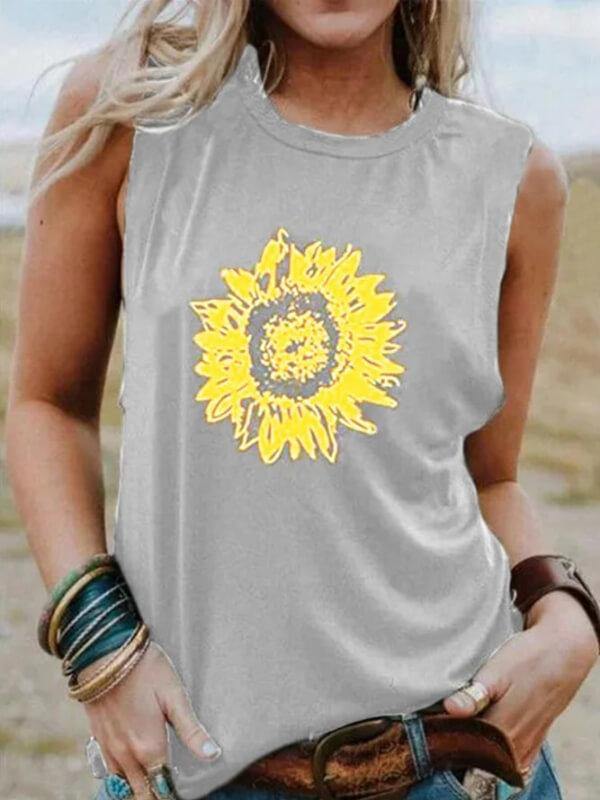 Women Crew Neck Sunflower-Print Sleeveless Casual Tank Tops - CHALIER