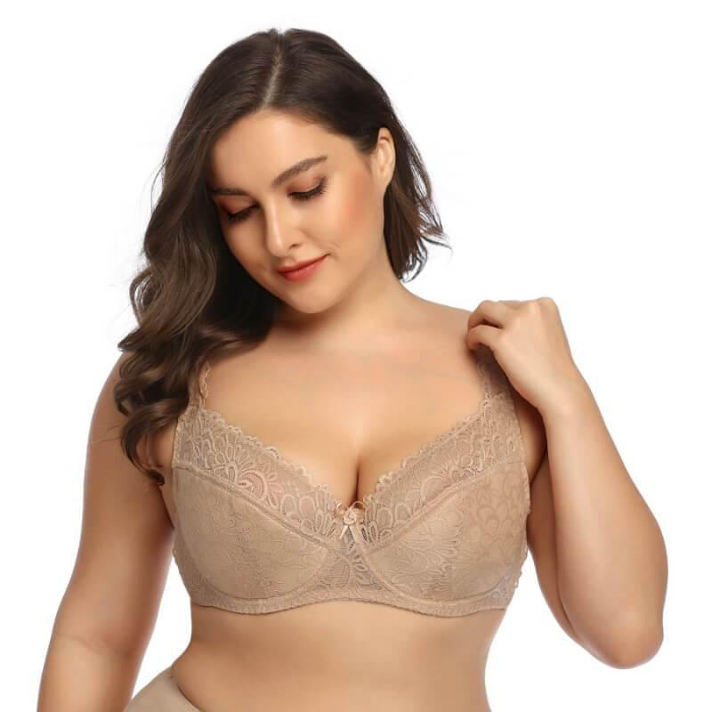 Women's Plus Size Bra Lightweight Underwire Lace Floral Unpadded Bra - CHALIER