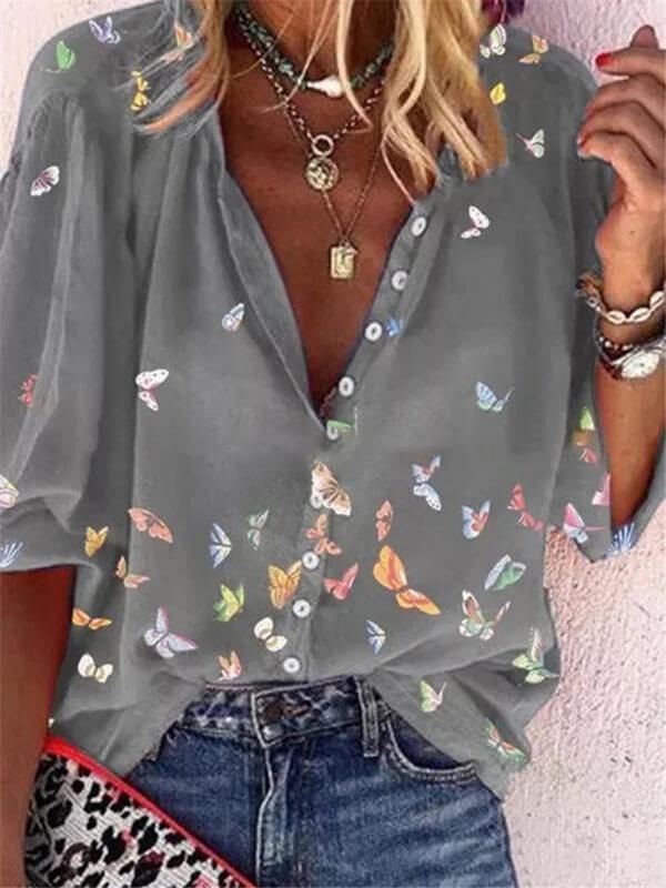 Women Colorful Butterfly Print Chiffon Long Sleeve Shirt - CHALIER