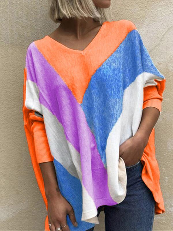 V Neck Oversize Stitch Long Sleeve Casual T-Shirt&Top - CHALIER