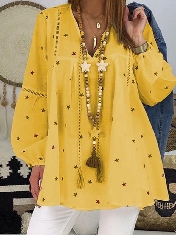 Ladies Printed Loose V Neck Lantern Sleeve T-Shirt - CHALIER