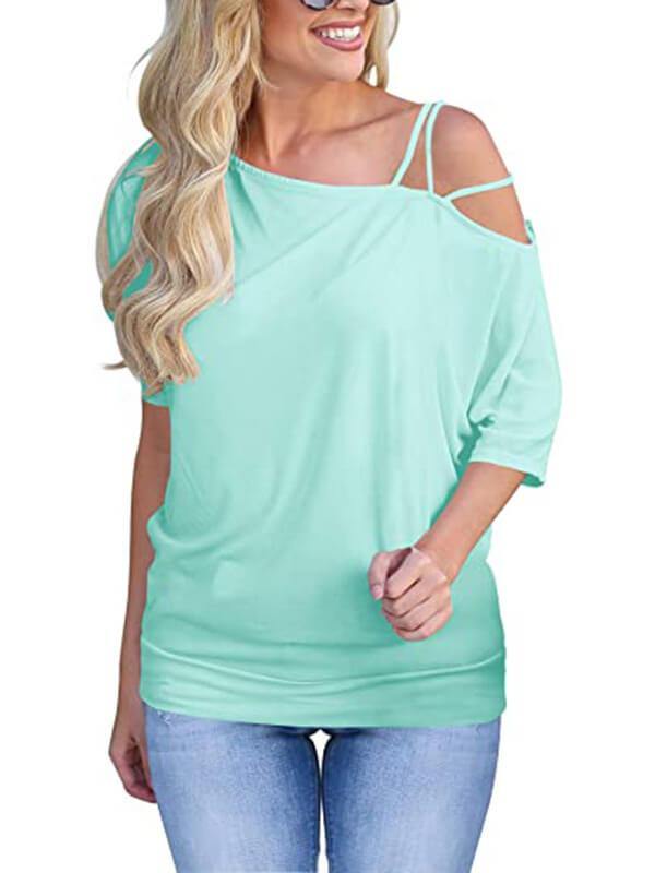 Women Solid Cold Shoulder Half SleeveCasual T-Shirt - CHALIER