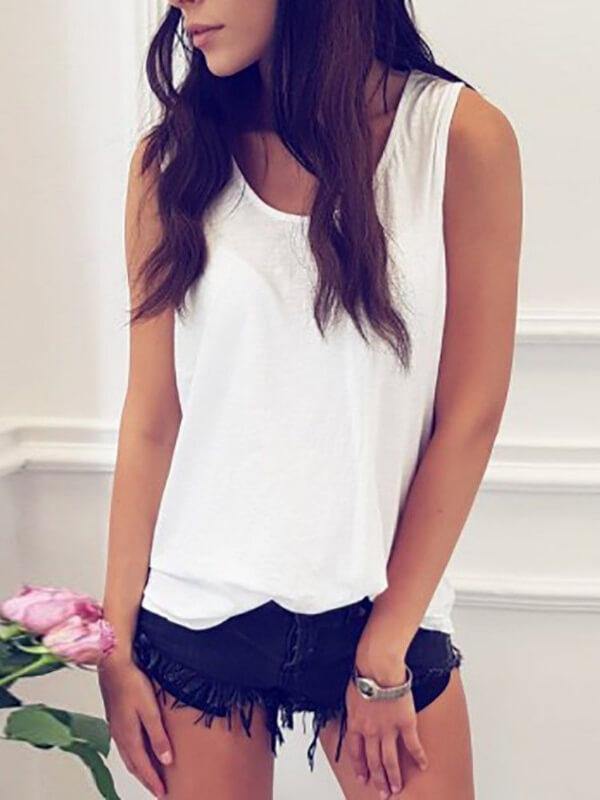 Women's Solid Hollow Out Sleeveless T-Shirt - CHALIER