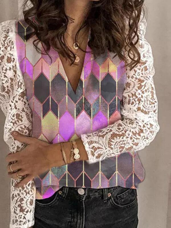 Long-Sleeved V-Neck Printed Lace Shirt - CHALIER