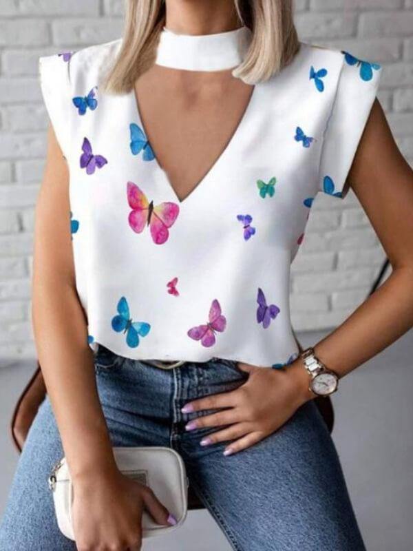 Ladies Butterfly Printed V Neck Sleeveless T-Shirt - CHALIER