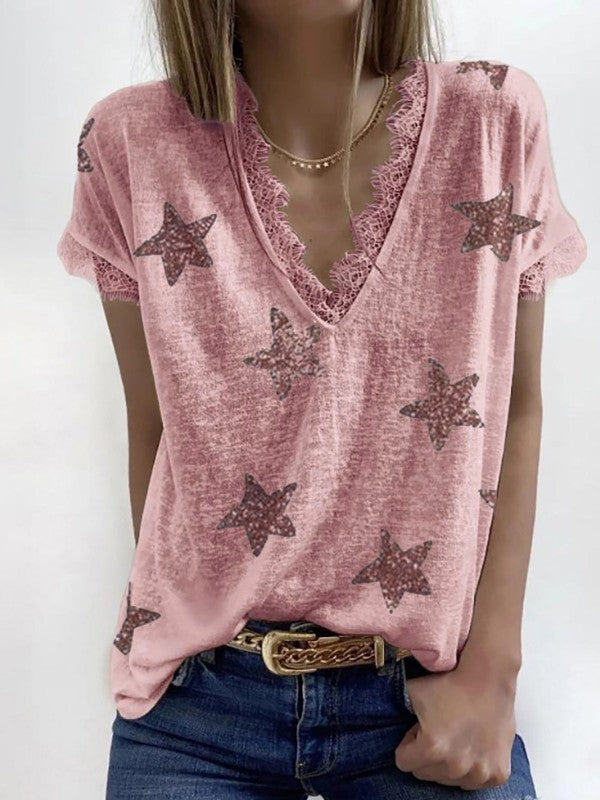Women Lace Star Printed V Neck Short Sleeve T-Shirt