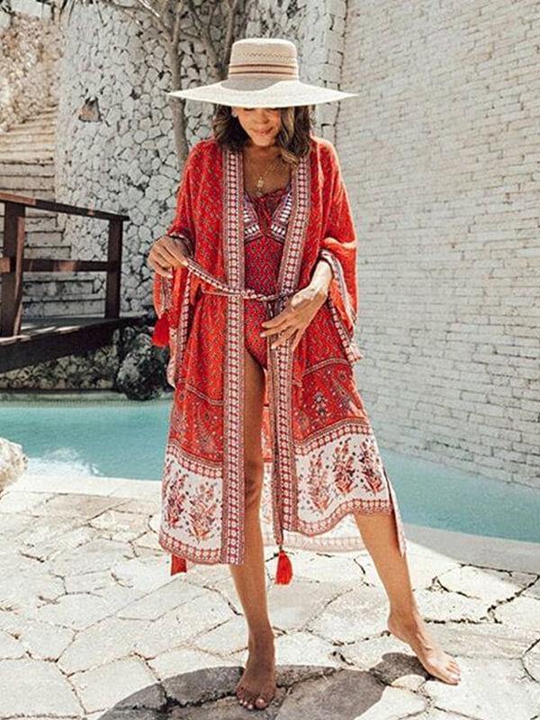 Womens Vacation Floral Printed Loose Cardigan - CHALIER