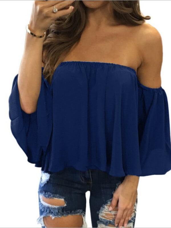 Women Loose Off The Shoulder Long Sleeve Chiffon Shirt - CHALIER