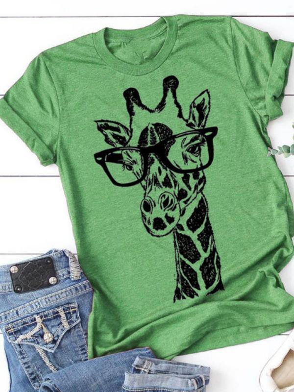 Giraffe Printed Casual Short Sleeve Top Summer Basic Tee - CHALIER