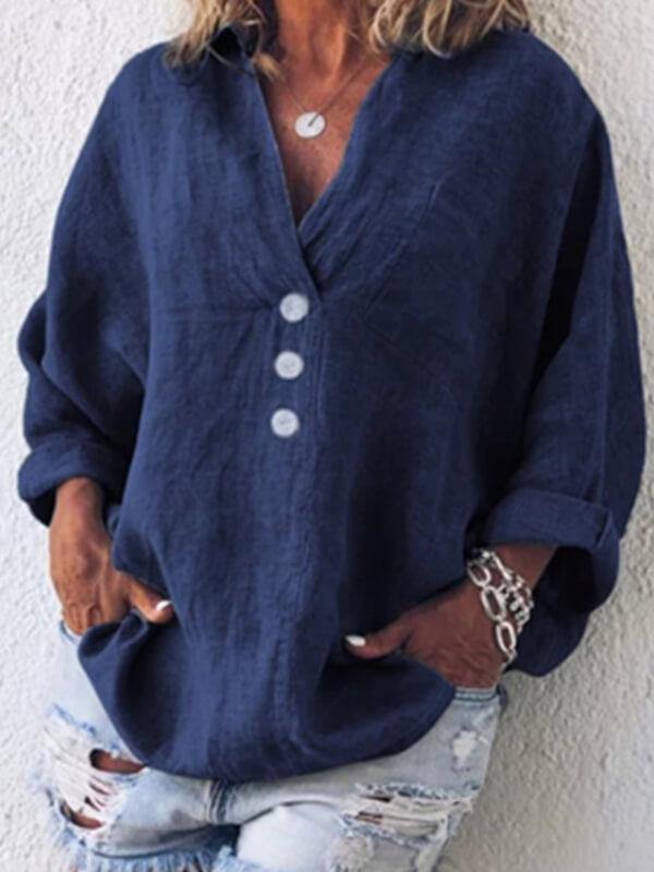 Women's Loose And Comfortable V-Neck Cotton And Linen T-shirt - CHALIER