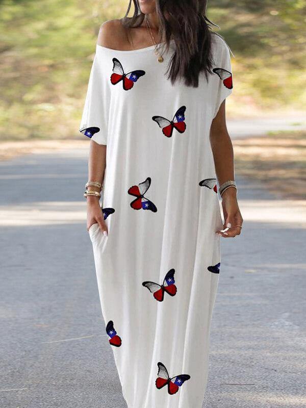 Women's Butterfly Printed Short Sleeve Maxi Dress - CHALIER