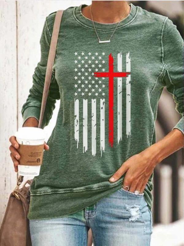 Women's American Flag With Cross Sweatshirt - CHALIER