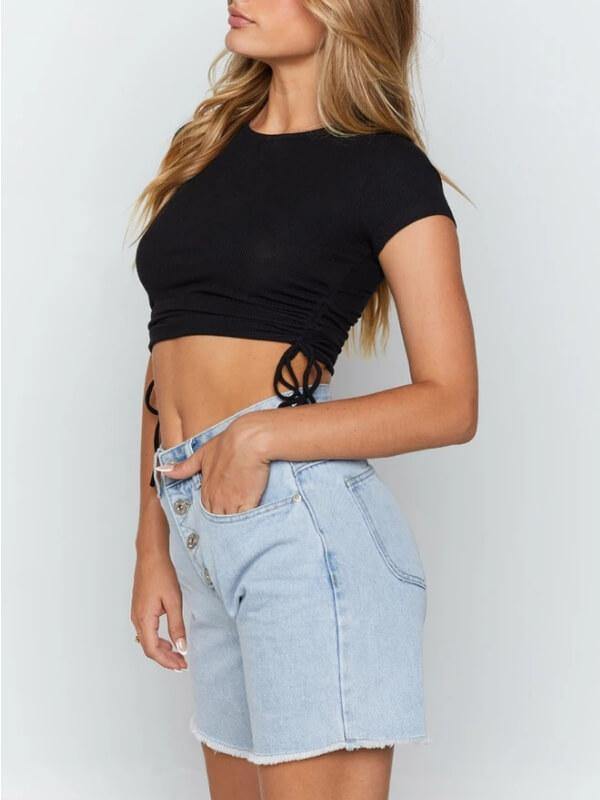 Women's Short-Sleeve T-shirt Drawstring Crop Top - CHALIER