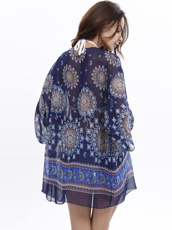 Womens Printed 3/4 Sleeve Chiffon Cardigan - CHALIER