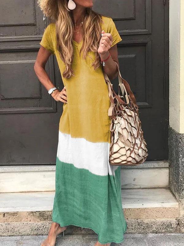 Women's Simple Casual V-Neck Loose Paneled Maxi Dress Short Sleeve Plus Size - CHALIER