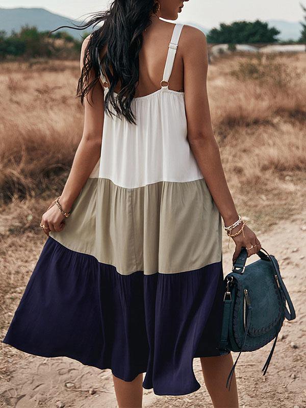 Women's Cotton Loose Halter Midi Sleeveless Dress ColorBlock Holiday with Big Swing - CHALIER