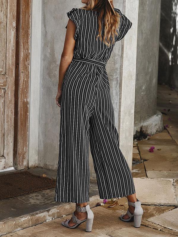 Women's Elegant Vertical Stripes V-Neck Short Sleeve Jumpsuit Loose Pants - CHALIER