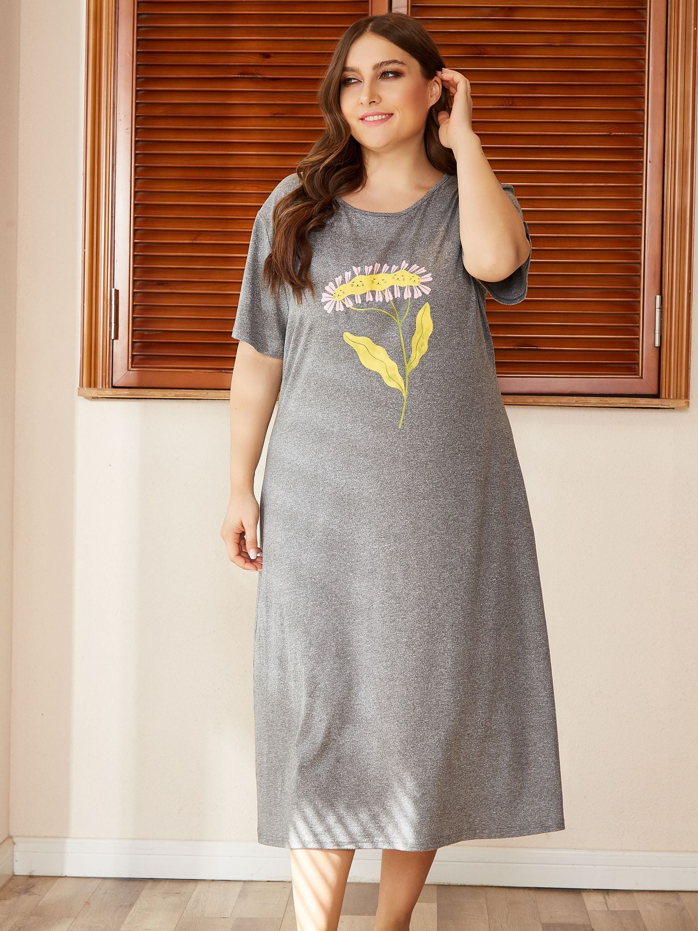 Women's Casual Plus Size Gray Night Gowns Cute Flowers Lingerie Sleep Maxi Dress