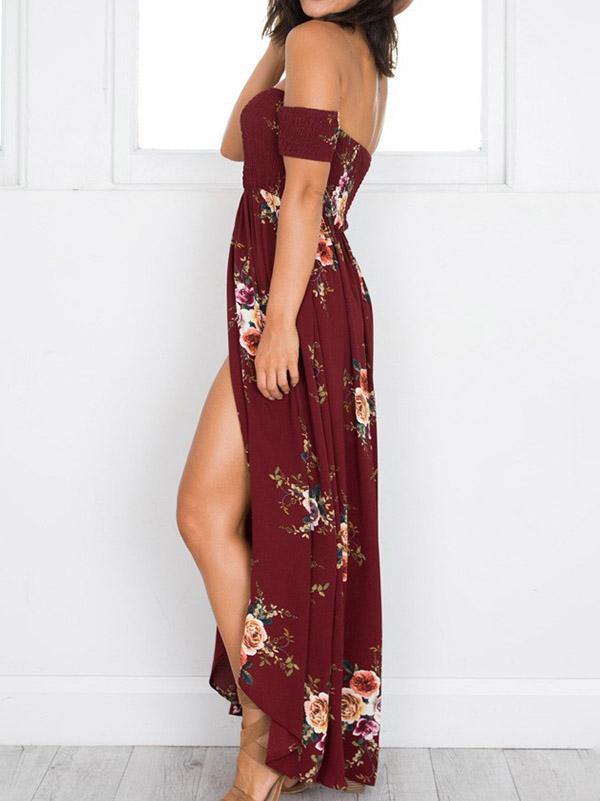 Women's Floral Printed Maxi Beach Dress Long Bohemian Split Tee Dress Plus Size - CHALIER